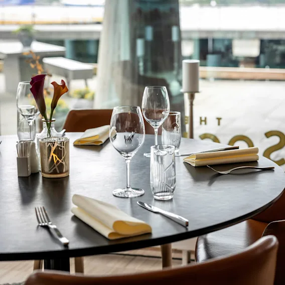 Waterfront table at restaurant The Social Bar & Bistro at Quality Hotel Waterfront, Ålesund.