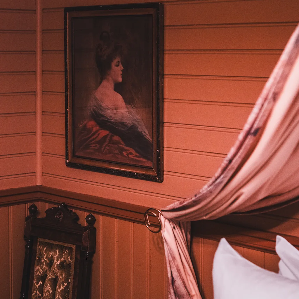 A cozy corner of Dalen Hotel showcases a vintage portrait, an ornate chair, and elegant drapery. A book rests on a nearby table, adding to the warm, inviting atmosphere.