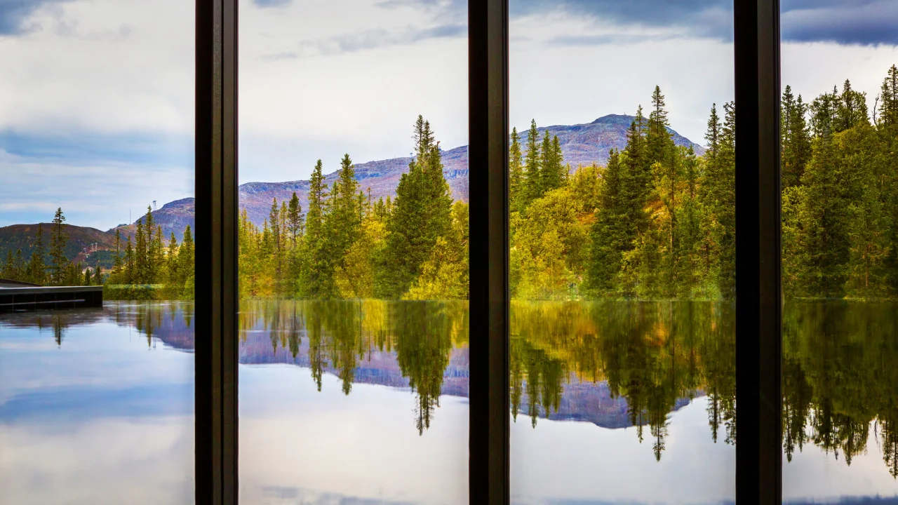 View from indoor pool at spa Copperhill Mountain Lodge in Åre.
