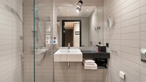 Et bad har en veggmontert vask under et speil med overlys. En glassdusj er ved siden av vasken. Teksten inkluderer "Hair Dryer" på en hylle med foldede håndklær.