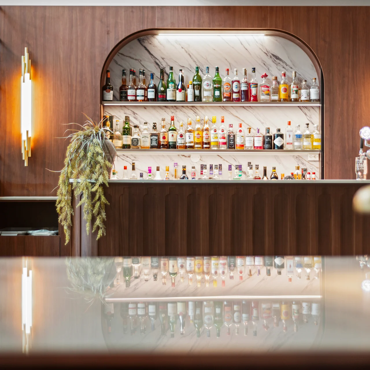 En välfylld bar med glashyllor; flaskor är prydligt arrangerade, omgivna av stiliga belysningsarmaturer och dekorativa växter, vilket skapar en inbjudande atmosfär.