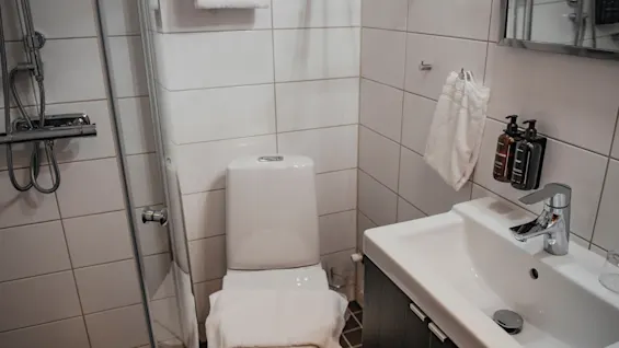 Ett rent och modernt hotellbadrum med dusch, toalett och handfat med toalettartiklar.