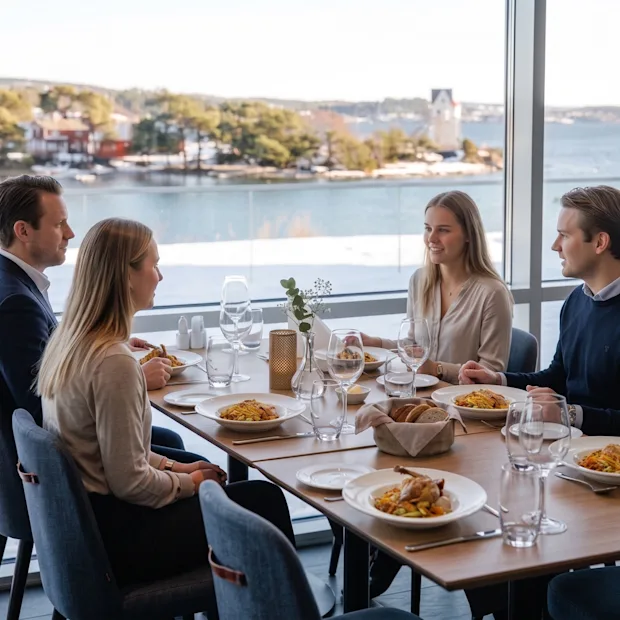 En gruppe mennesker, der spiser middag sammen ved et restaurantbord med smuk søudsigt.
