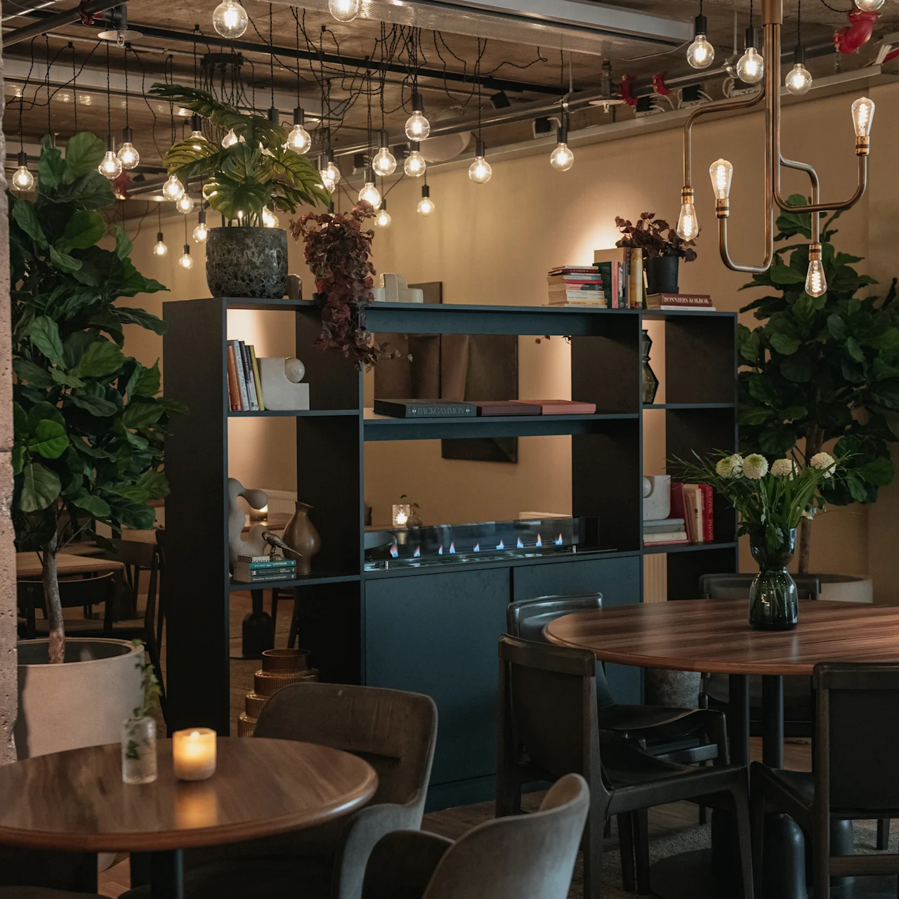 Café with wooden tables and chairs, softly lit by hanging bulbs. Shelves with books and plants divide seating areas. Greenery decorates the cozy, dimly-lit space with a relaxed atmosphere.
