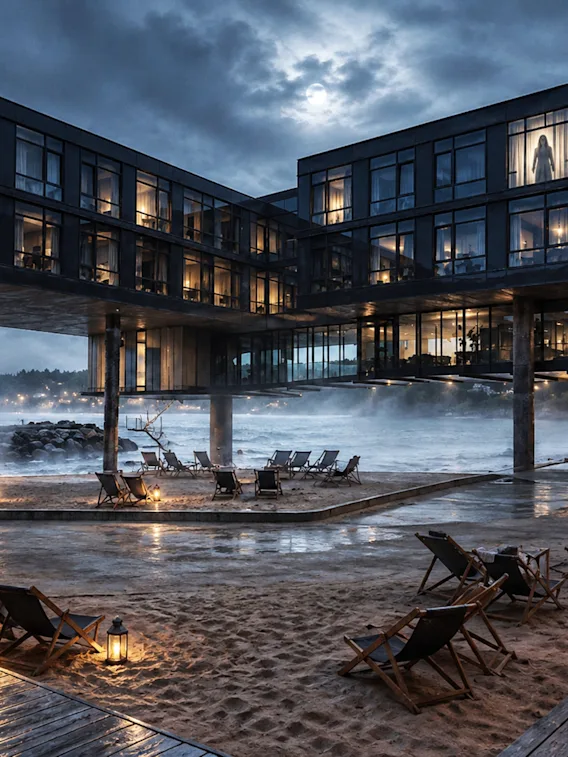 Moderne hotel ved havet om natten under en skyet måneskinshimmel med varme lysende vinduer.