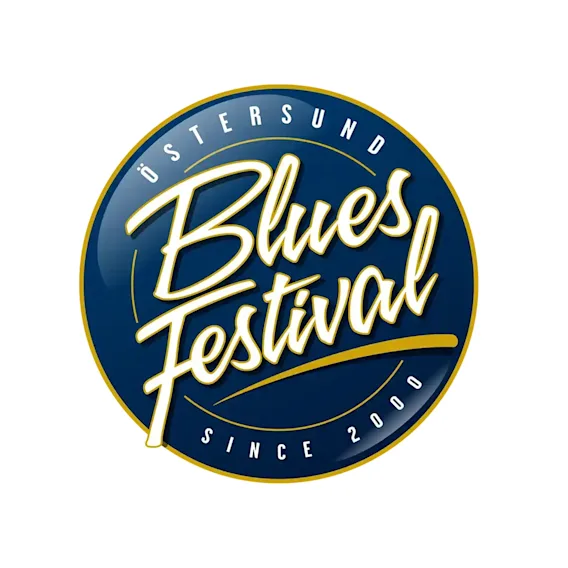 ÖSTERSUND Blues Festival logotyp med texten 'ÖSTERSUND Blues Festival SINCE 2000' i blått och guld.