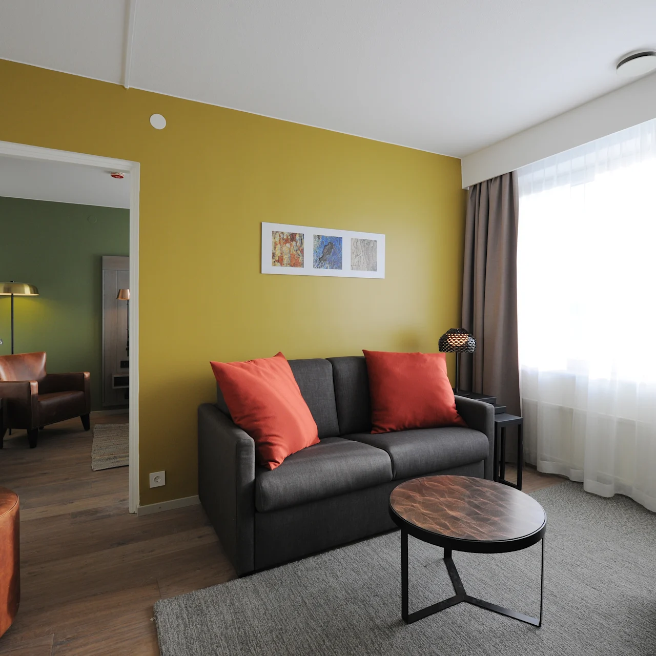 Gray sofa with red cushions sits in a living room. Nearby, a round coffee table stands on a gray rug. Large windows with curtains let in natural light.