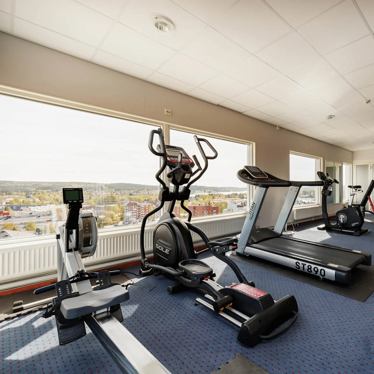 Ett gym med träningsmaskiner, inklusive löpband och crosstrainers, placerade på en blå matta. Stora fönster erbjuder en vy över ett avlägset landskap.