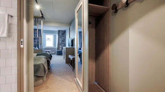 A hallway with an open closet and mirror. Two beds with gray covers are visible in a well-lit room, furnished with a TV and a window with patterned curtains.