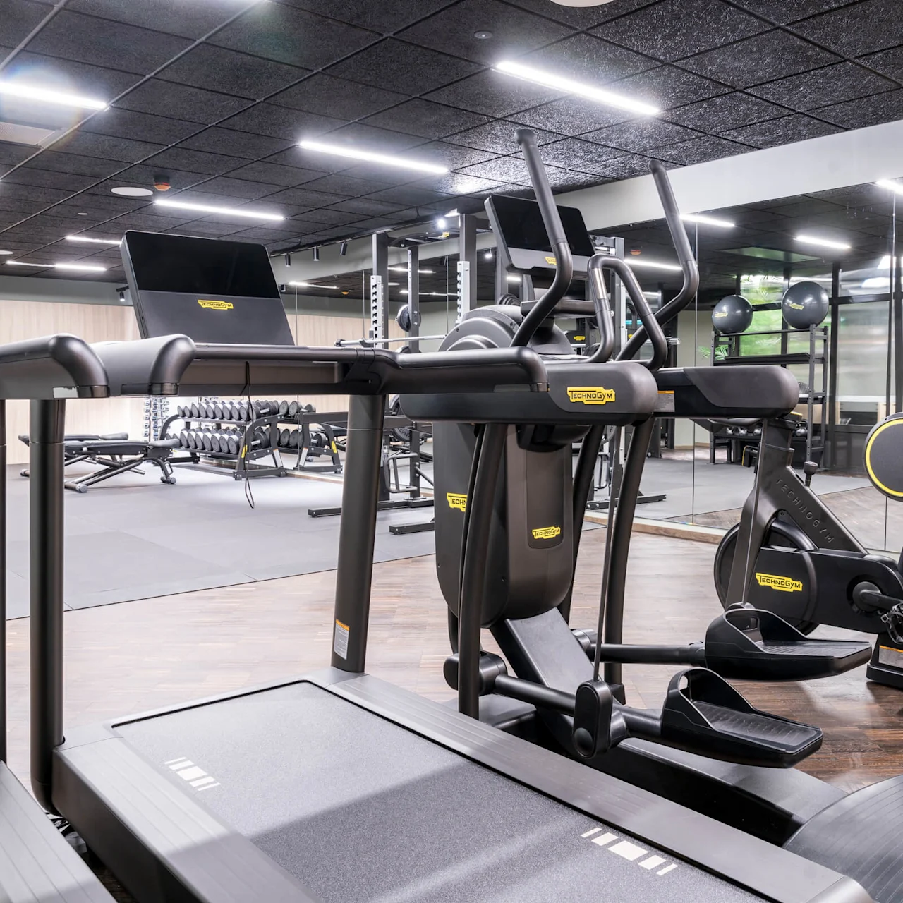 Treadmills and exercise equipment are arranged in a modern gym with mirrors and wooden floors. Visible text: "TECHNOGYM". 