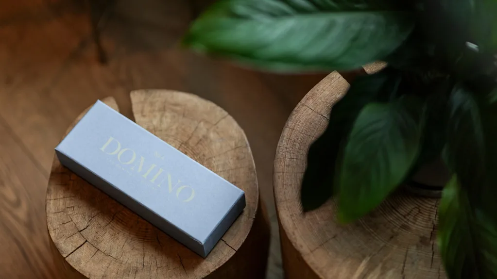 A light blue box with the word DOMINO on it rests on a wooden surface next to a green plant.