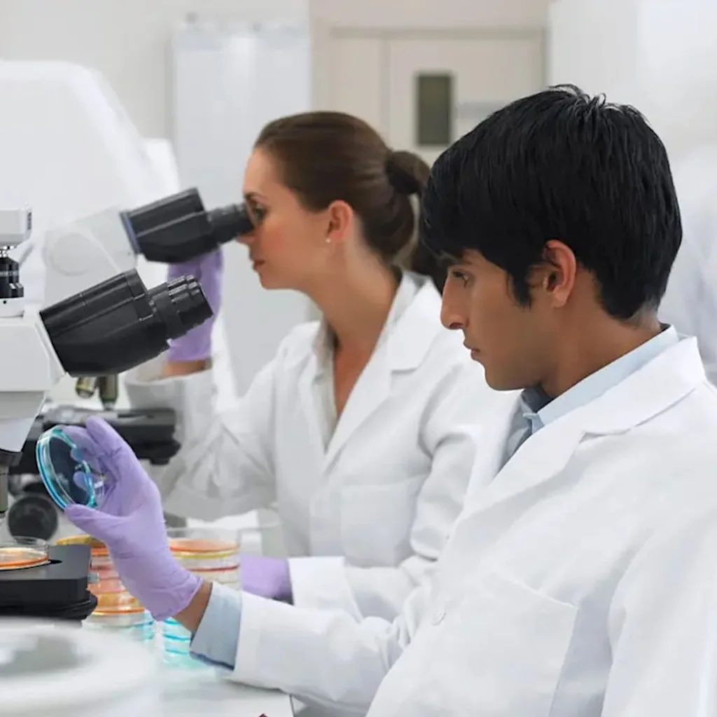 Scientists wearing lab coats and gloves, examining petri dishes under microscopes in a laboratory setting. Shelves and laboratory equipment are visible in the background.