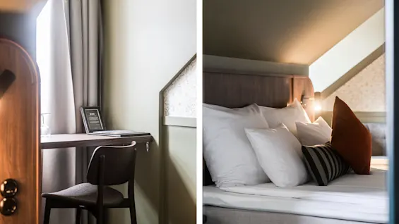 Ett delat foto som visar ett skrivbord med stol till vänster och en mysig säng med kuddar till höger, som framställer typiska hotellrumsmöbler.