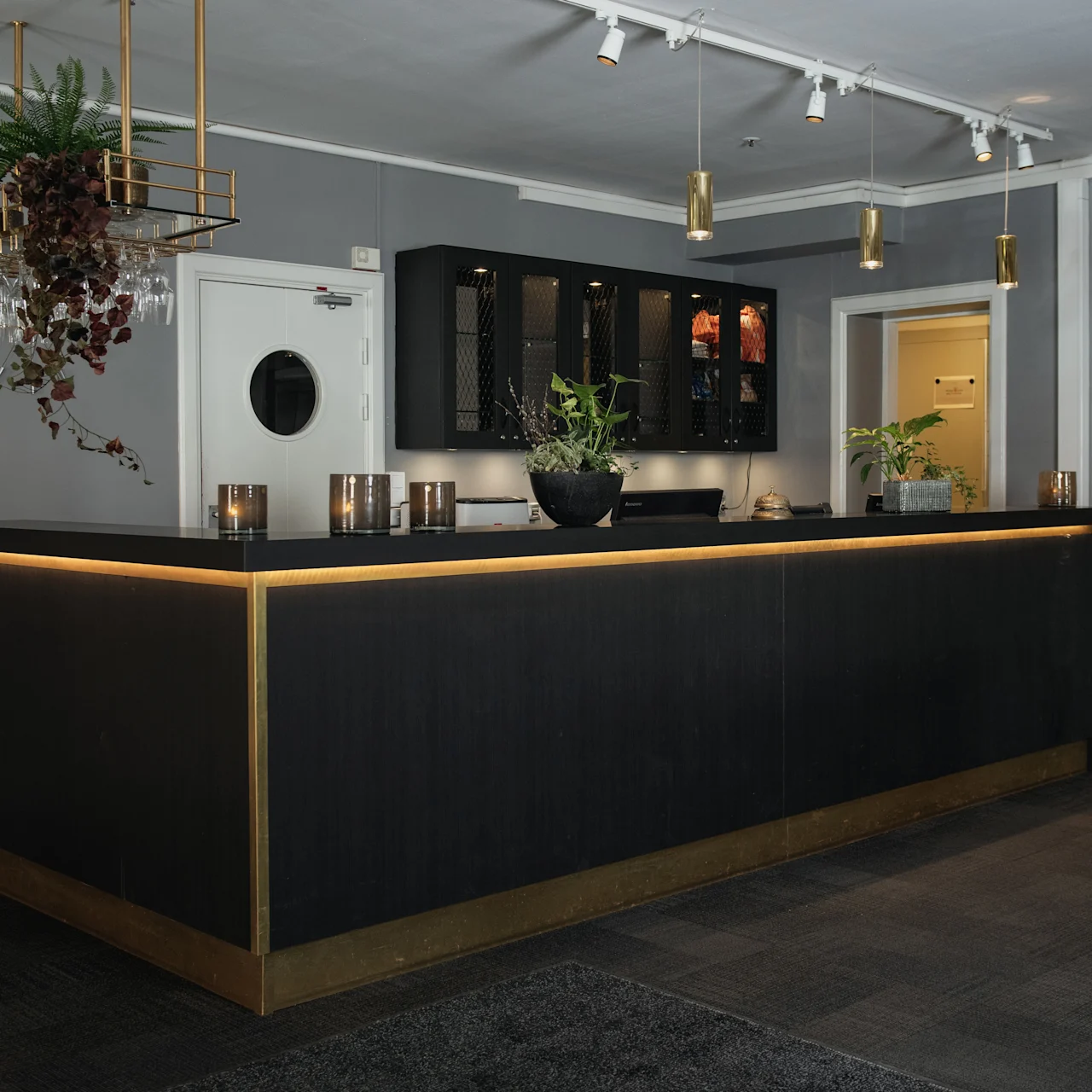 A modern reception desk with wooden accents stands in a dimly lit room adorned with plants on the counter. Wall-mounted cabinets and decorative lighting complete the sleek interior design.