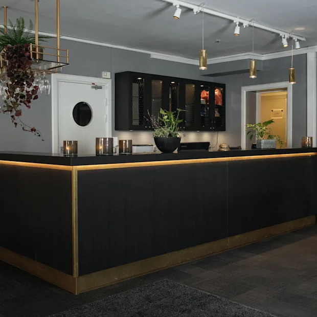 A modern reception desk with wooden accents stands in a dimly lit room adorned with plants on the counter. Wall-mounted cabinets and decorative lighting complete the sleek interior design.