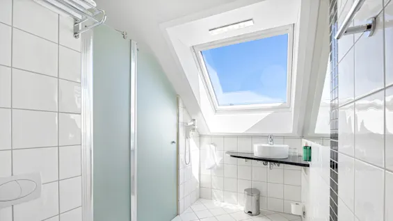 A bright bathroom with white tiles, featuring a frosted glass shower, sink, toilet, and a skylight showing blue sky.
