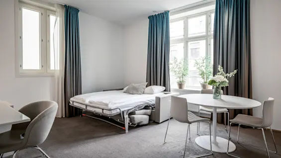 En säng fungerar som en soffa i ett modernt rum med ett bord och stolar. Två fönster med blå gardiner lyser upp krukväxter på fönsterbrädan, vilket förstärker den lugna miljön.