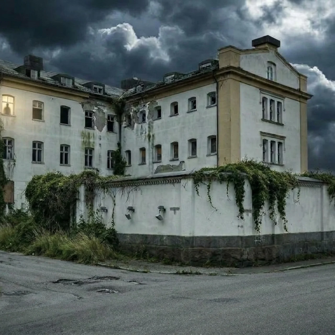 En gammel, forladt bygning under en mørk og stormfuld himmel med et enkelt lysende vindue.