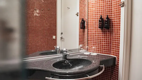 A modern bathroom at Home Hotel Uppsala with a double vanity, sleek black sinks, and red mosaic tiled walls.