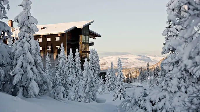 Snødekte trær omkranser en fjellhytte med klar utsikt over fjerne åser og en klar himmel i skumringen.