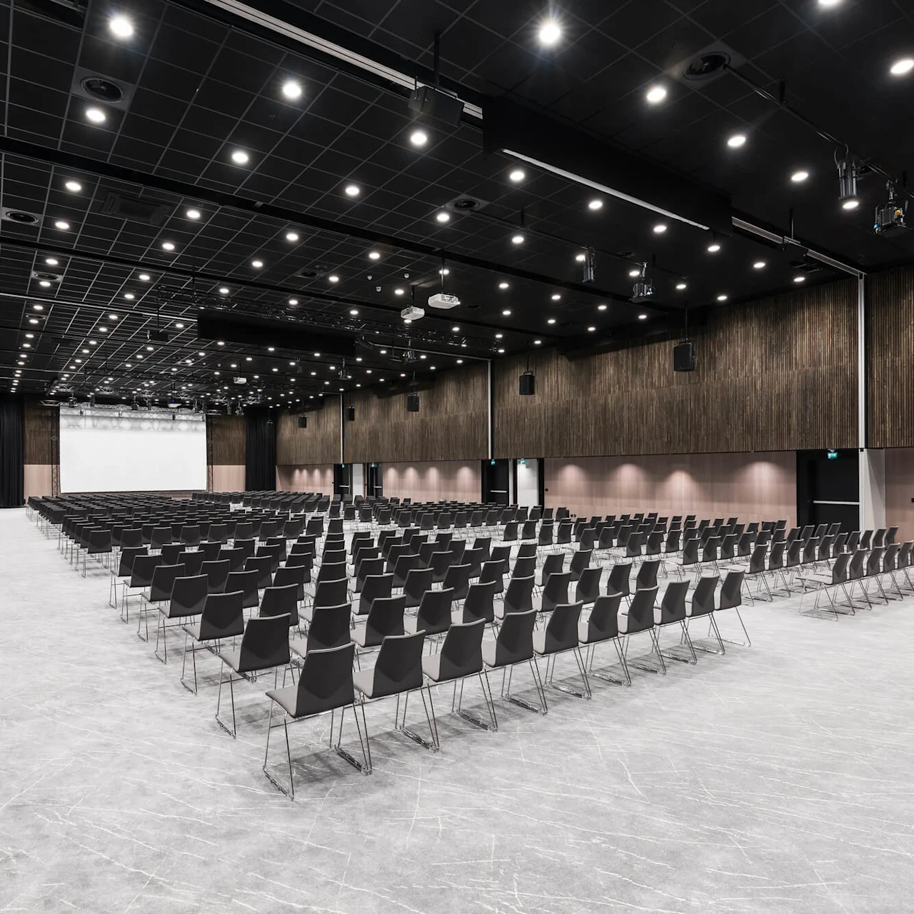 Rader av svarte stoler er arrangert i et stort auditorium, vendt mot en hvit prosjektor. Lyse taklys og mørke trevegger skaper et moderne og romslig miljø.