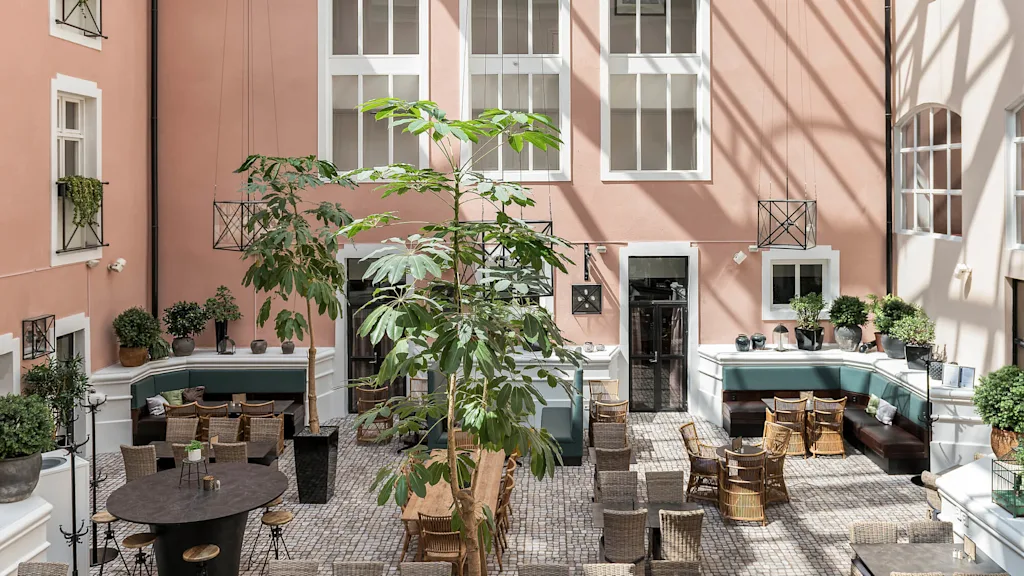 A sunlit atrium with tables, chairs, and greenery; a relaxed dining setting inside a building.