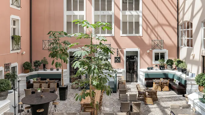 Et solfylt atrium med bord, stoler og grøntområder; en avslappet spisestue innendørs.