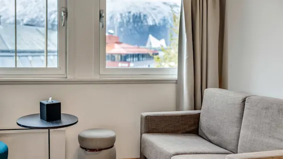 A gray sofa sits beside a small table holding a black box, near a window with curtains, overlooking snow-covered rooftops and a distant mountain.