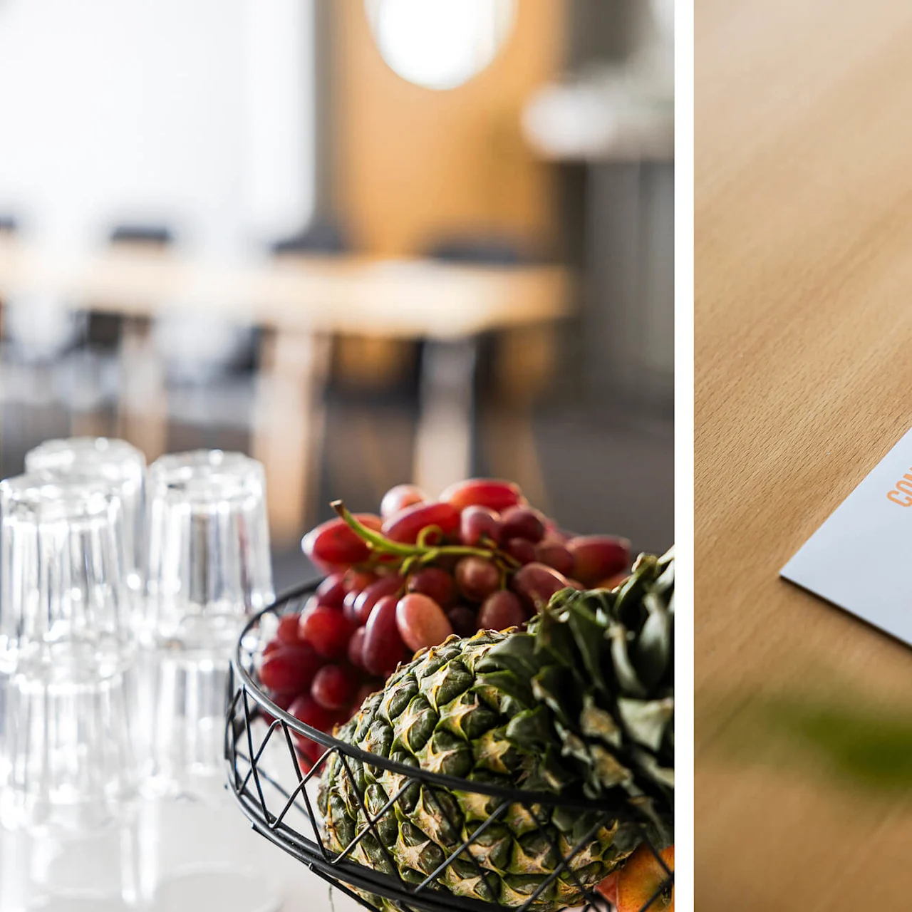 Notepad with "COMFORT HOTEL™ faster wifi" and a pen on a wooden surface, foliage blurred in the foreground.