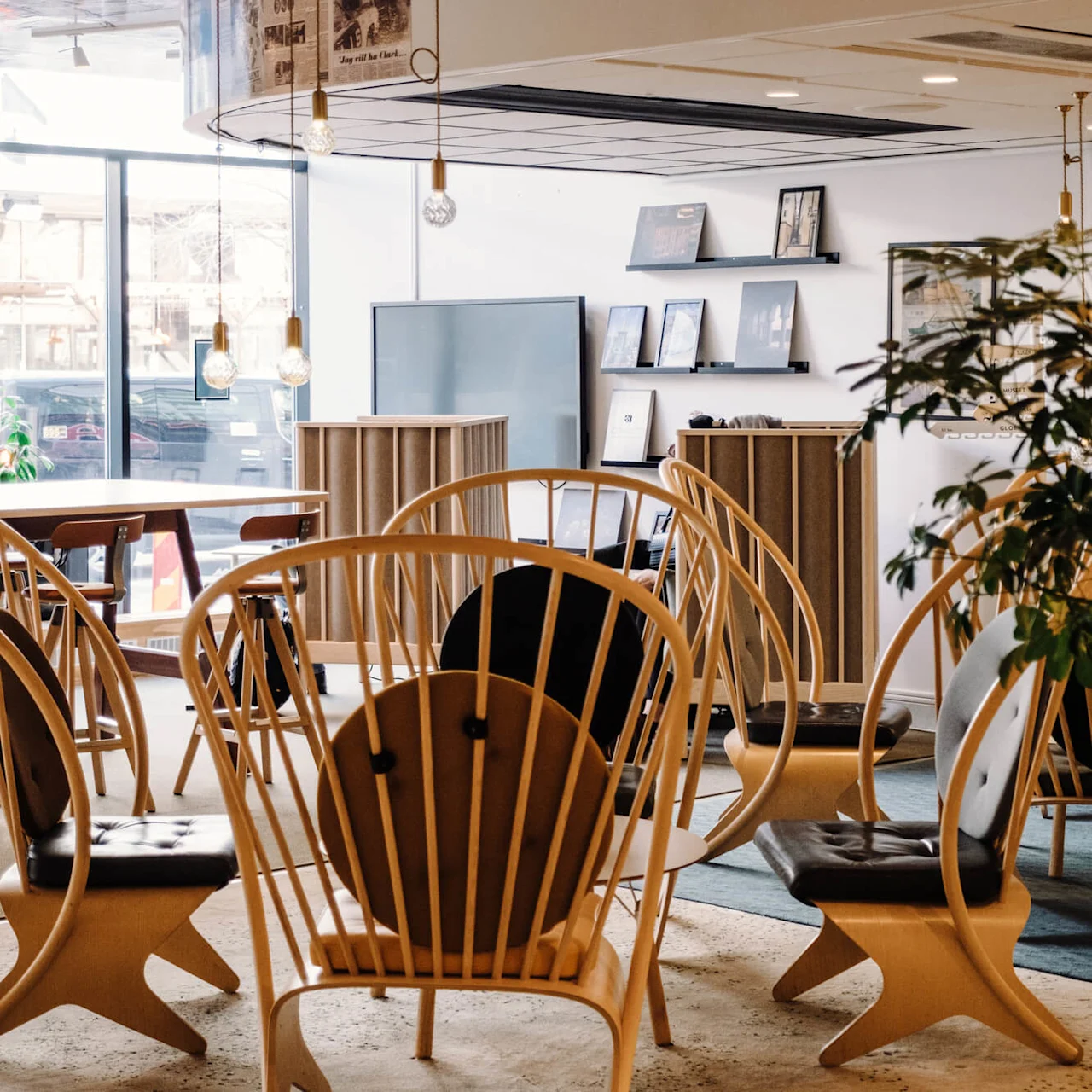 Wooden chairs arranged around tables; decorative plants and pendant lights hang in a bright cafe with large windows and modern decor.