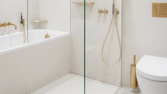 A modern bathroom features a glass shower enclosure, gold fixtures, a bathtub with gold taps, and a wall-mounted toilet. The space is bright with white tiles and recessed lighting.