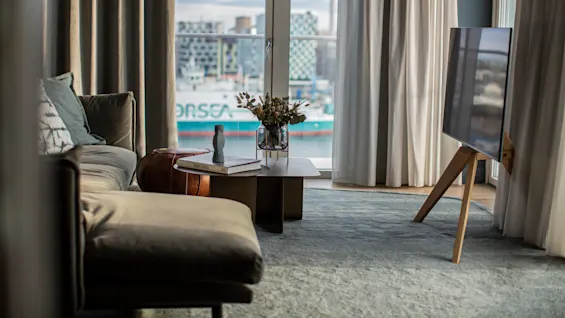 Sofa med puter ved siden av et sofabord med bøker og blomster, mot en TV i en moderne stue med store vinduer. Tekst på boken: "TERRY O’NELL".