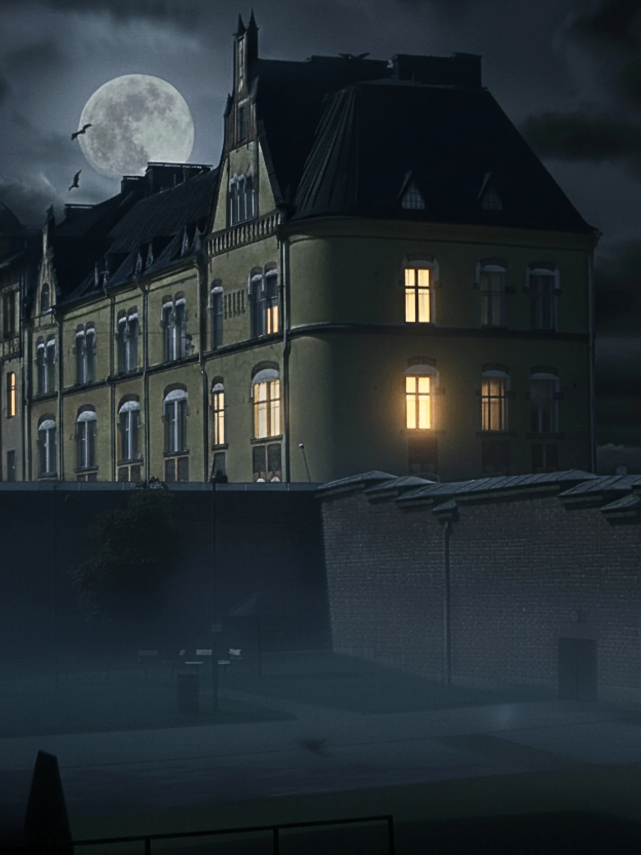 En stor, opplyst bygning står under fullmånen, med lysende vinduer som antyder tilstedeværelse. Flaggermus flyr i nærheten i en tåkete nattmiljø, omgitt av en mursteinsvegg.