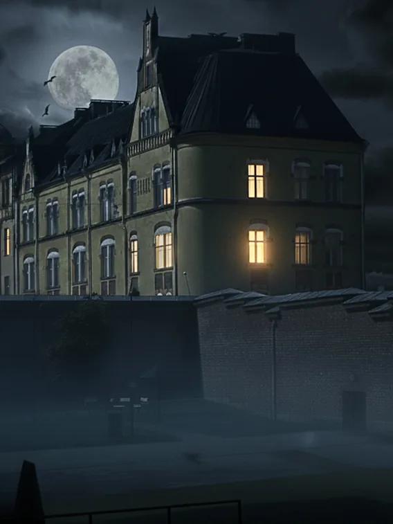 En stor, oplyst bygning står under fuldmånen, med lysende vinduer der antyder tilstedeværelse. Flagermus flyver i nærheden i en tåget natmiljø, omgivet af en murstensvæg.