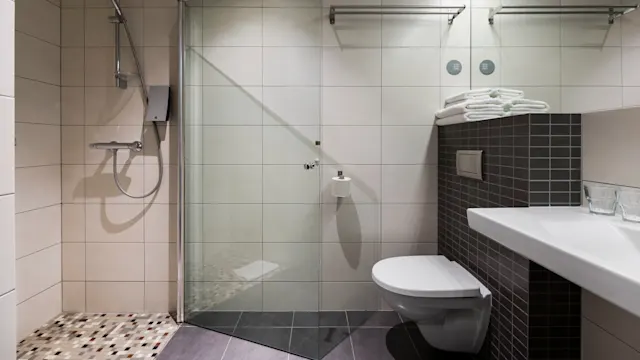 Showerhead mounted on tiled wall, next to a clear glass shower door; adjacent toilet with tissue roll, and a white sink with folded towels above. Modern bathroom setting.