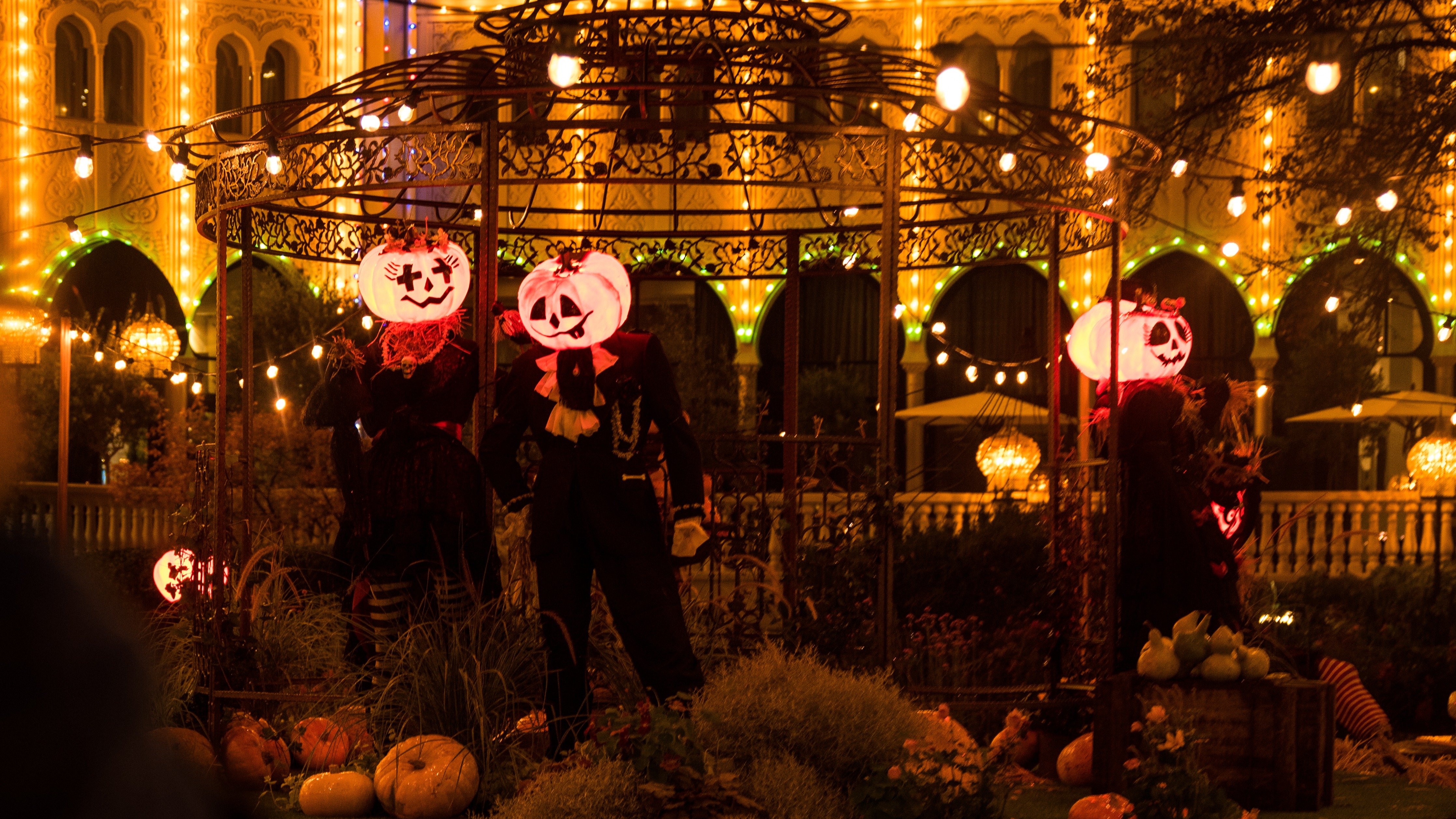 Halloween på Tivoli: Kvällsbild med figurer av lysande pumpahuvuden, omgivna av höstdekorationer med pumpor och blommor.