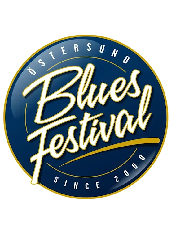 ÖSTERSUND Blues Festival logotyp med texten 'ÖSTERSUND Blues Festival SINCE 2000' i blått och guld.