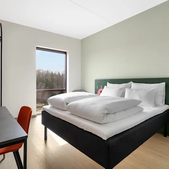 Et moderne hotellrom med en komfortabel seng, et skrivebord og et stort vindu som tilbyr en rolig utsikt over frodige trær.