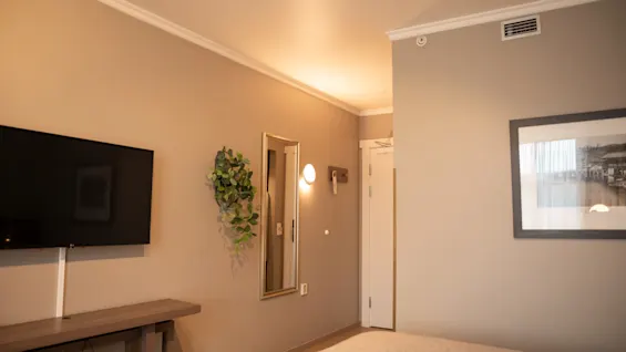 A wall-mounted TV is off beside a decorative mirror, small plant, and lit wall sconce. Nearby, a door frame and large framed photograph complete this modern, beige-walled interior.