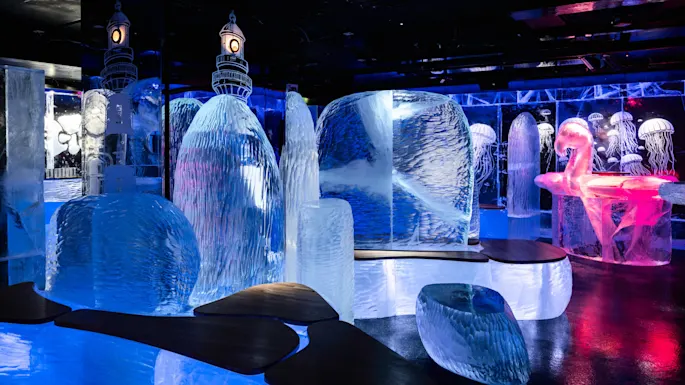 Ice sculptures are illuminated in blue and pink, featuring a flamingo and jellyfish designs. Wooden benches are placed amidst the icy structures in a dimly lit environment.