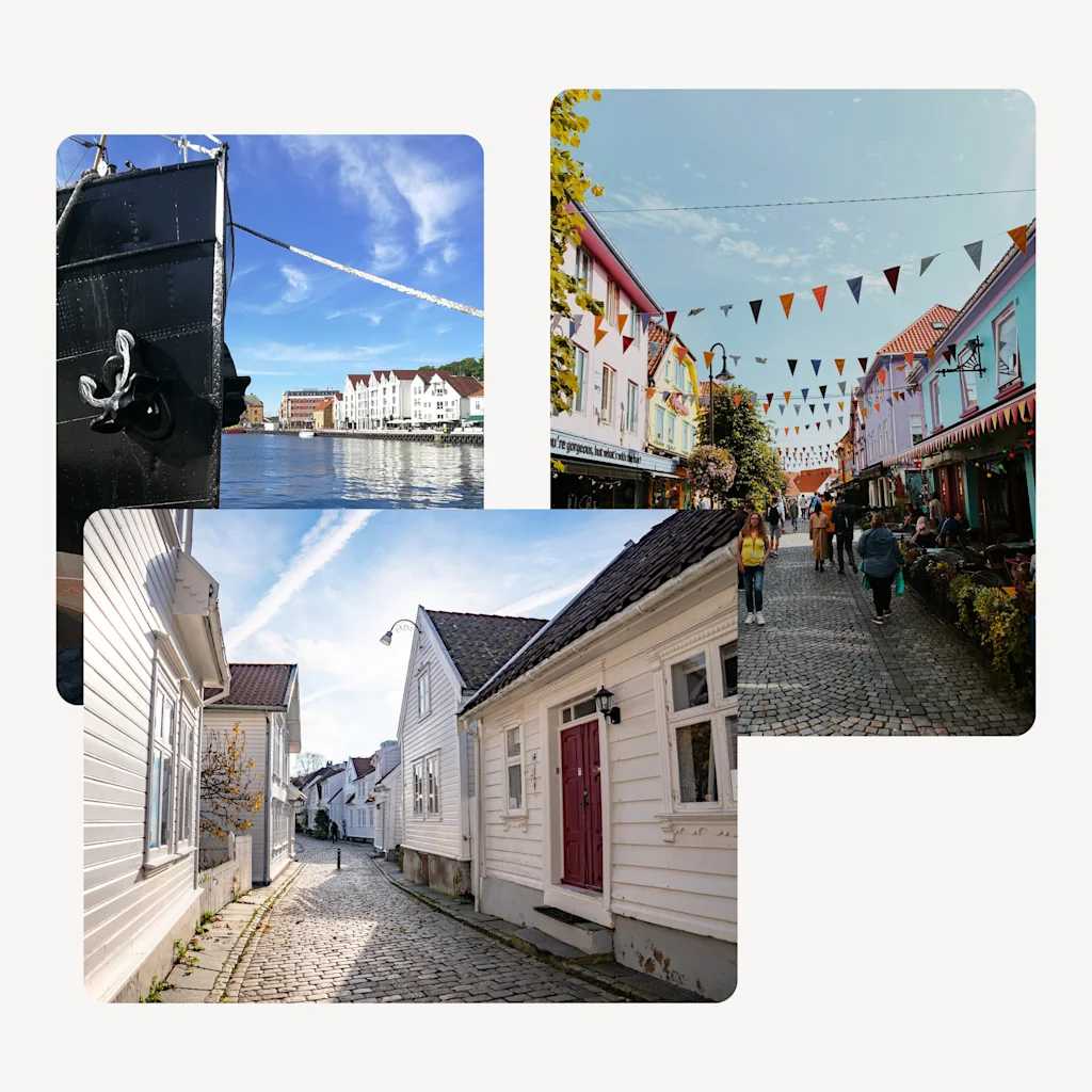 En kollasj av scener: en båt i en havn, en livlig gate med fargerike bygninger og mennesker, og en sjarmerende brosteinsgate. Teksten lyder: du er nydelig men hva er det med