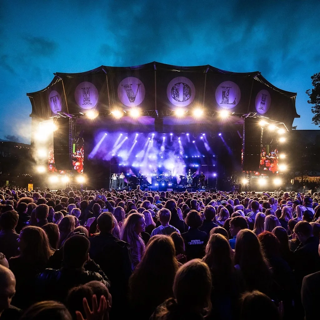 A large crowd enjoys a live music concert at night with bright stage lights during Friday Rock at Tivoli in Copenhagen.
