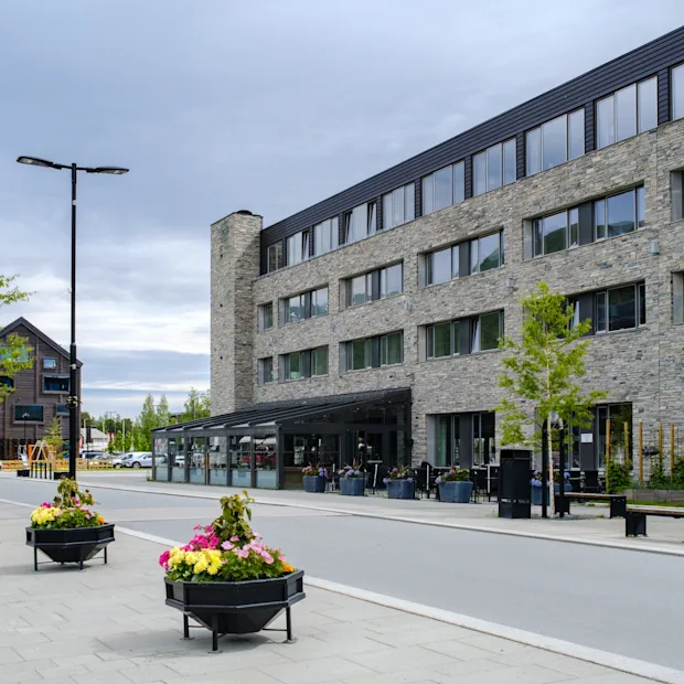 En modern stenbyggnad kantar en lugn gata, prydd med färgglada blomkrukor, kantad av unga träd och en stor banner. Molnig himmel och gatulampor ger stadskänsla.