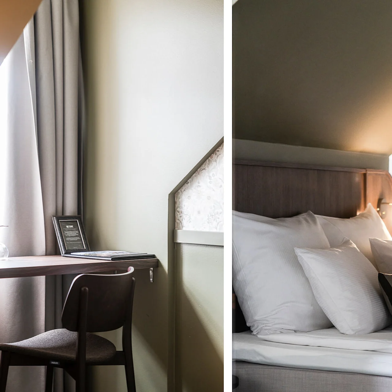 Ett delat foto som visar ett skrivbord med stol till vänster och en mysig säng med kuddar till höger, som framställer typiska hotellrumsmöbler.