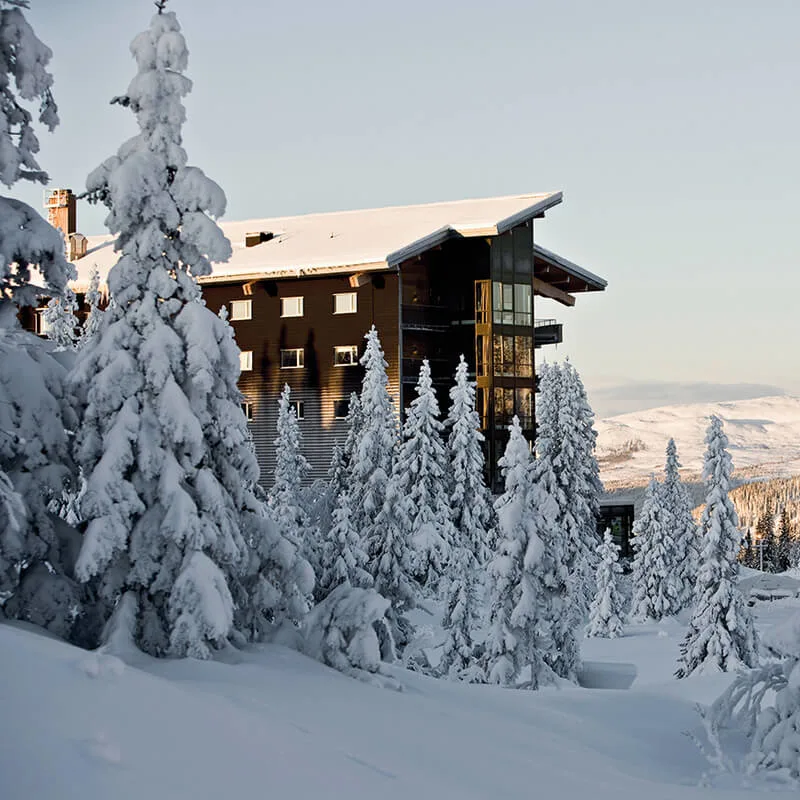 Snow-covered trees frame a mountain lodge with a clear view of distant hills and a clear sky at dusk.