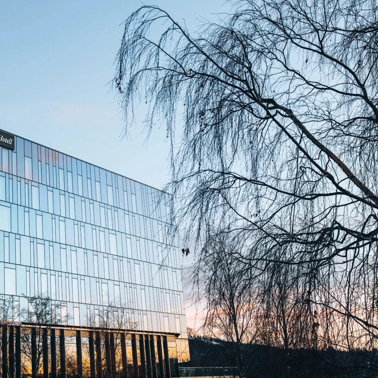 En modern glasbyggnad med skylten "HERNÖ GIN Hotel" står mot en klar himmel, omgiven av kala träd.