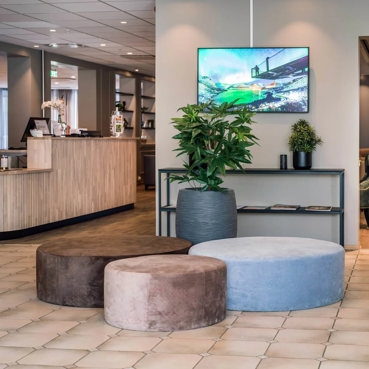 Circular poufs are arranged on a tiled floor, near potted plants and a framed digital display on a gray wall. Adjacent, a wooden reception desk highlights a modern hotel lobby setting.