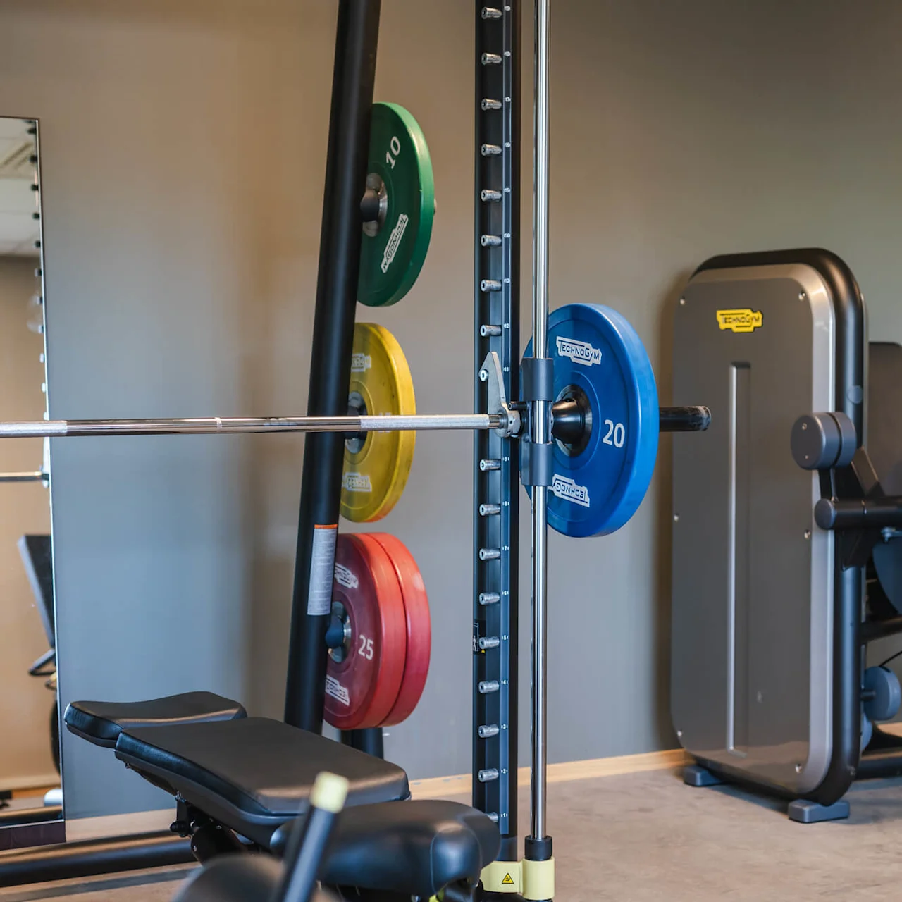 A weightlifting rack holds colorful plates, with a nearby fitness machine, in a gym environment. Plates read "TECHNOGYM 20", "10", "15", and "25". Nearby is exercise equipment.