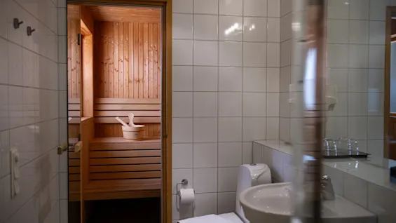 A sauna with wooden walls and a bench is visible through a doorway, connected to a tiled bathroom with a sink, toilet, and a mirror reflecting the scene.