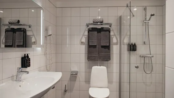 Ett rent och modernt hotellbadrum med handfat, toalett och dusch, med fräscha handdukar och toalettartiklar.